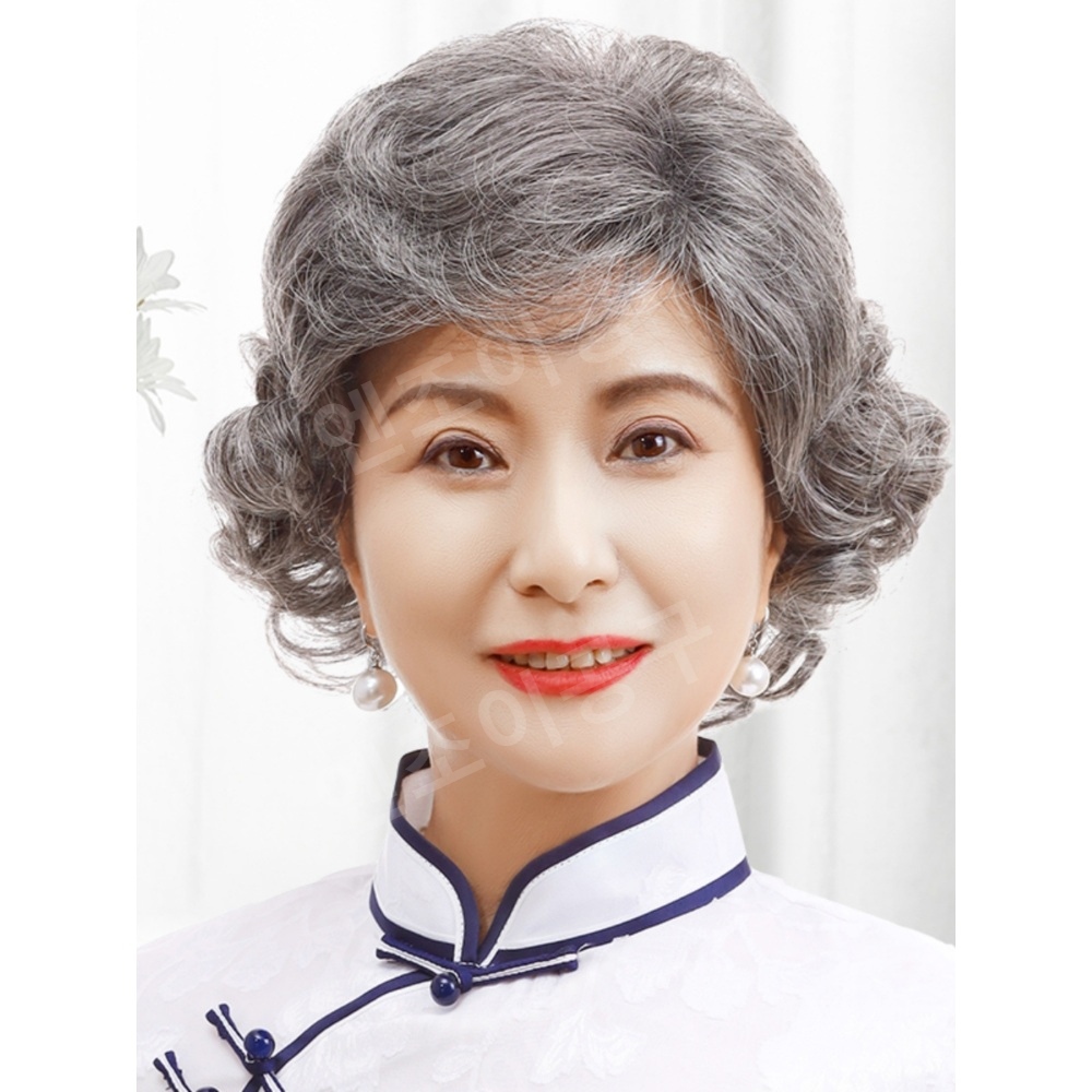 중년 가발 여성 화이트 쇼트 웨이브 짧은 단발 파마 - 상세 이미지 2