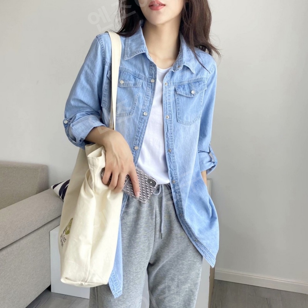 청청코디 데님세트 순면 얇은 데님 셔츠 여성 - 상세 이미지 4