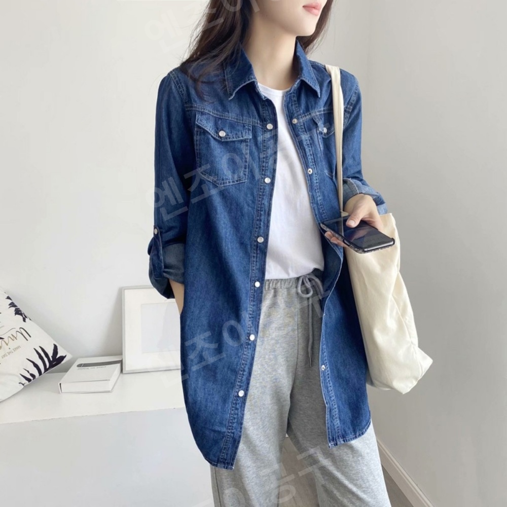 청청코디 데님세트 순면 얇은 데님 셔츠 여성 - 상품 이미지
