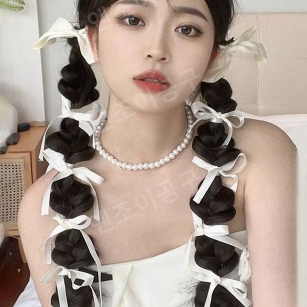 땋은머리 아이돌 헤어피스 가발 포니테일 여성 리본 양갈래 - 상품 이미지
