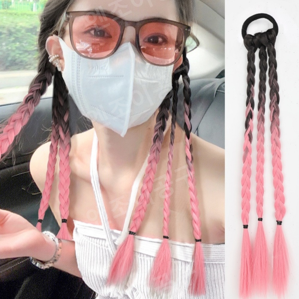 핑크 땋은머리 포니테일 브레이드 헤어 피스 - 상품 이미지