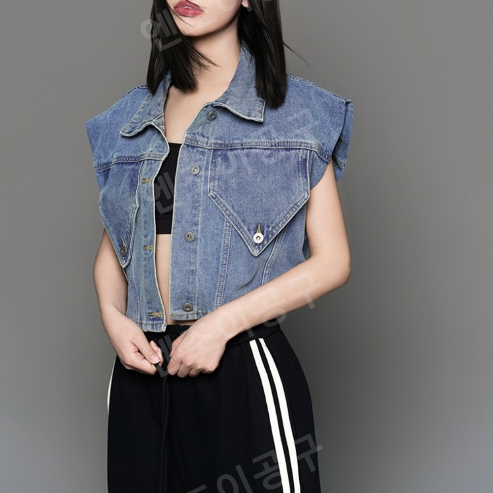 청청코디 데님 크롭 베스트 여성 여름 숏 스타일 패션 트렌드 아우터 - 메인 이미지