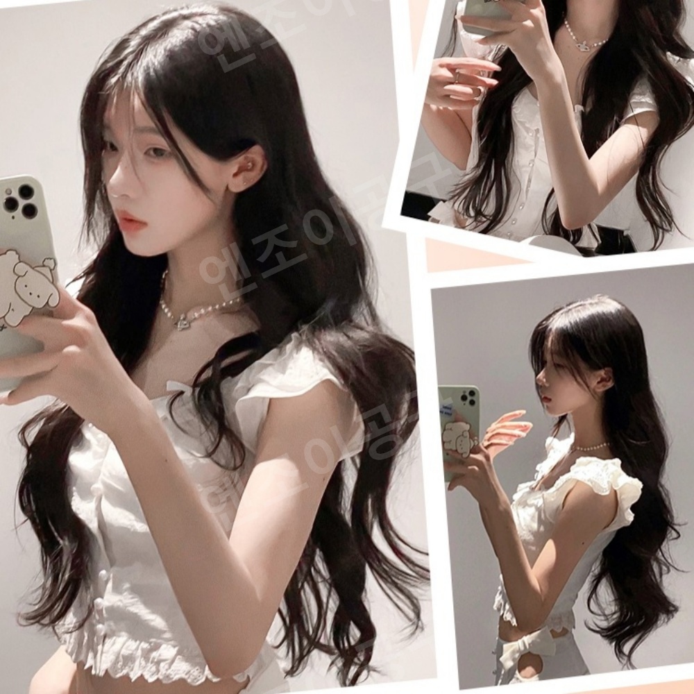 여성 롱 헤어 인모 파마 긴머리 앞머리 웨이브 통가발 - 상품 이미지