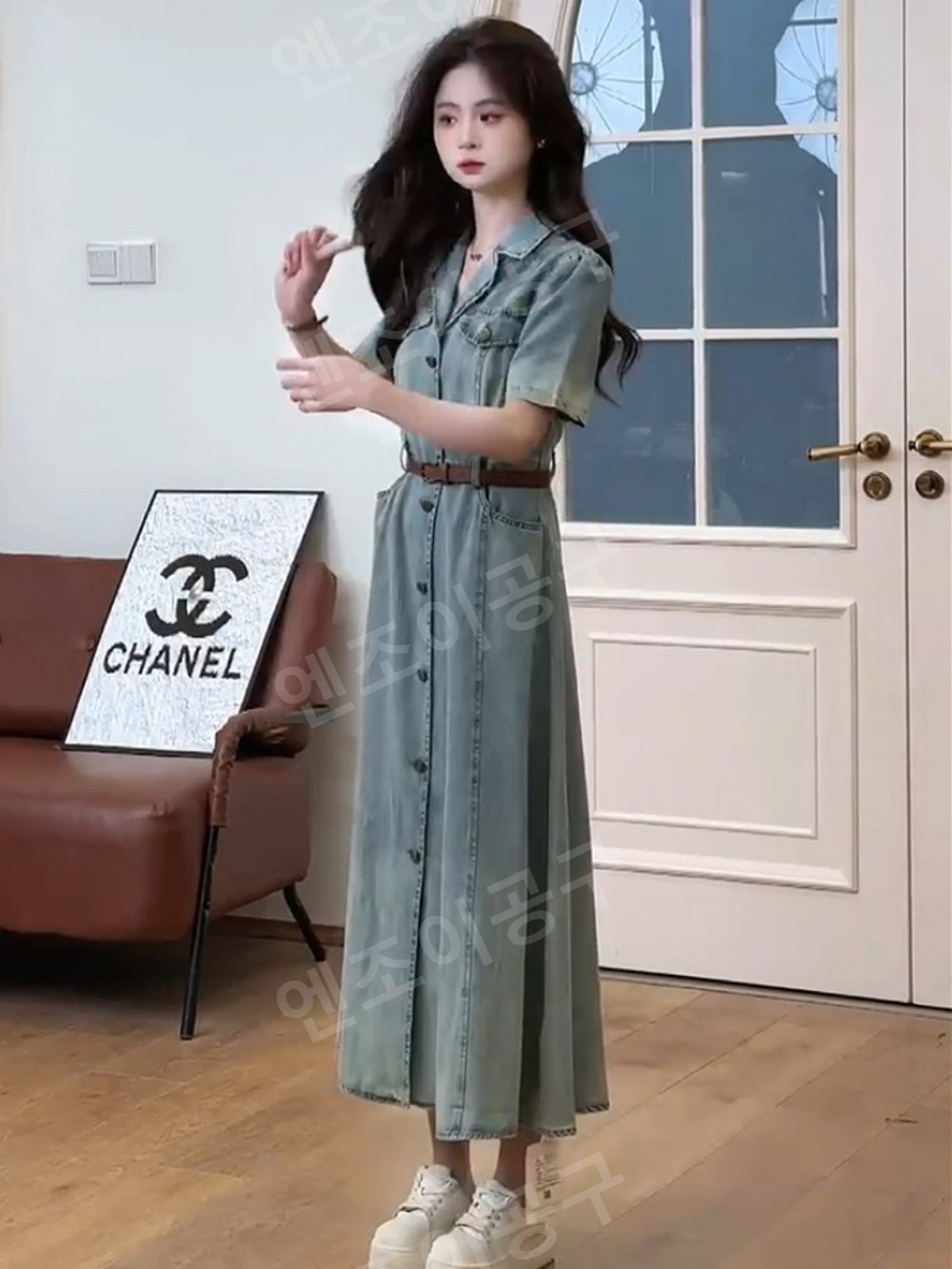 워싱 청청코디 데님 원피스 키 큰 여성 데님 벨트 슬림핏 단추 - 상세 이미지 2