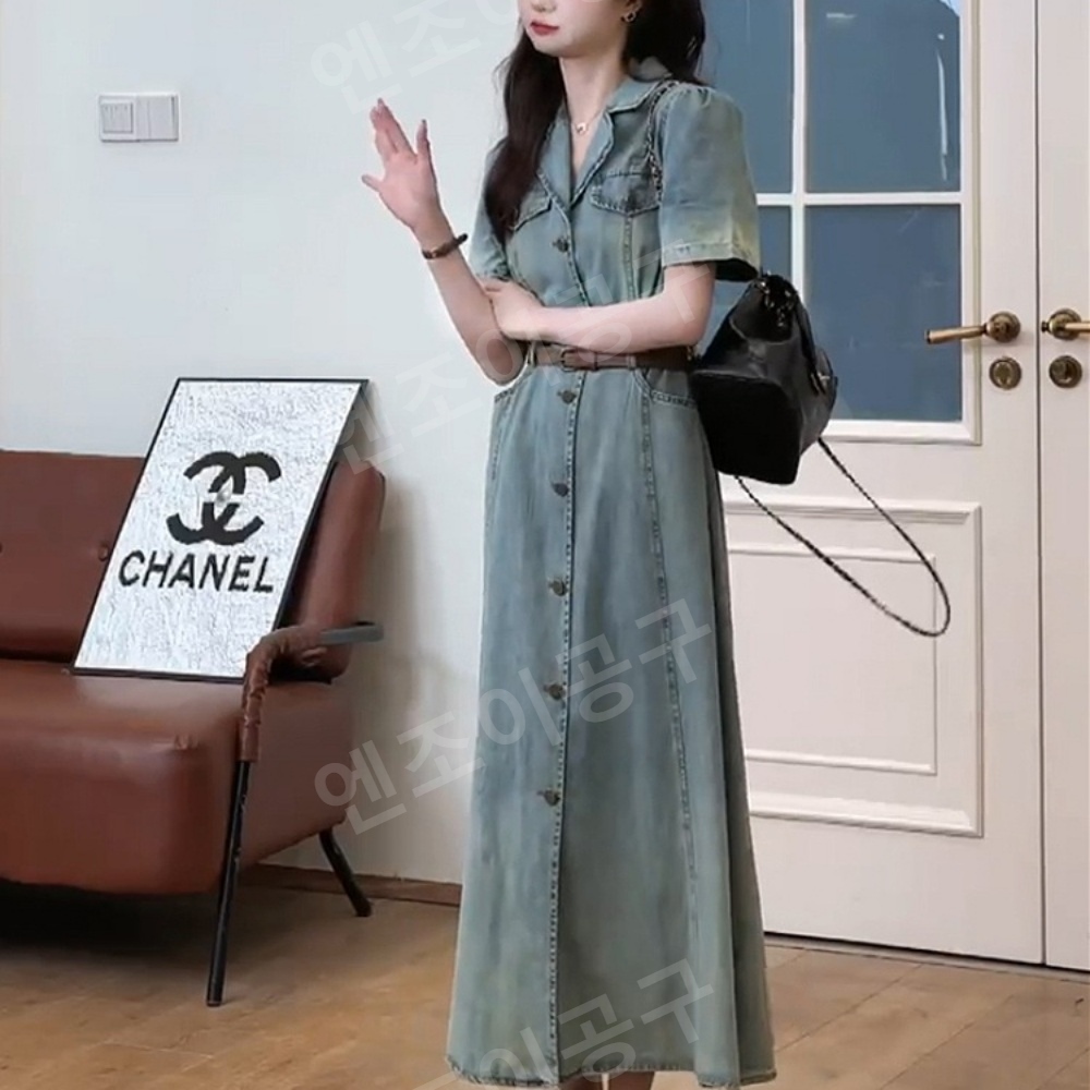 워싱 청청코디 데님 원피스 키 큰 여성 데님 벨트 슬림핏 단추 - 상품 이미지