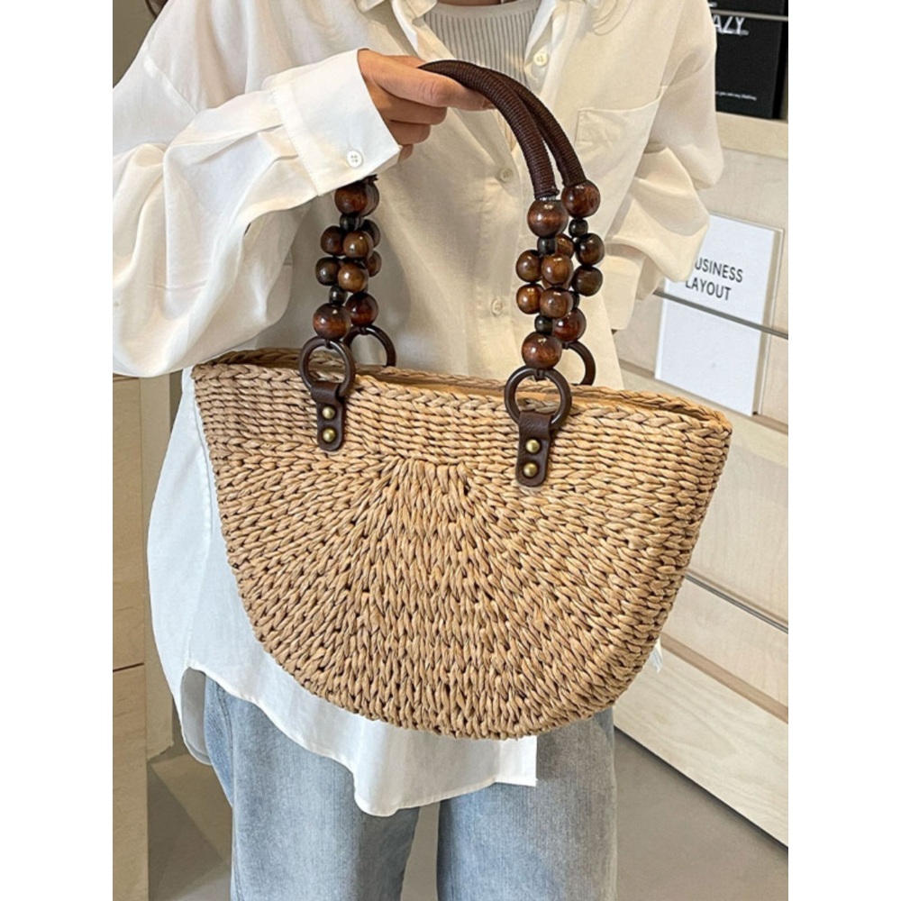 반원형 라탄 가방 토트백 나무구슬 포인트 동남아 여행 여름 34X23CM - 상세 이미지 5