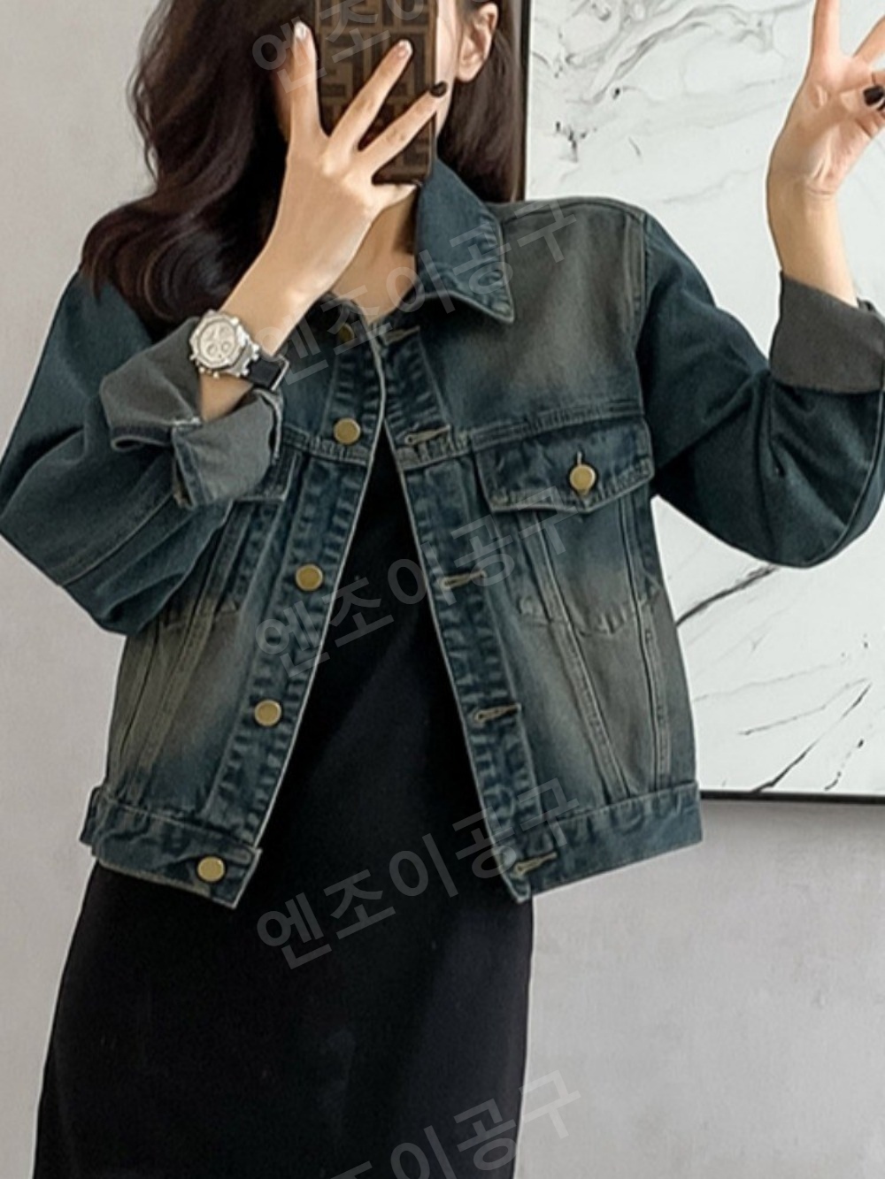 롱 슬리브 빈티지 숏 데님 재킷 여성 블루 패션 상의 - 상세 이미지 2