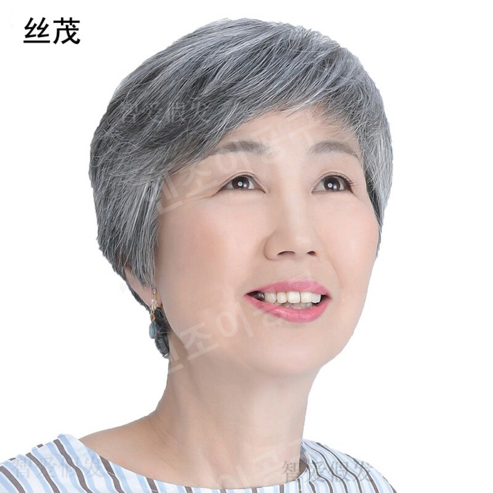 노인용 여성 백발 가발 인모 중년 통가발 단발 - 상세 이미지 5