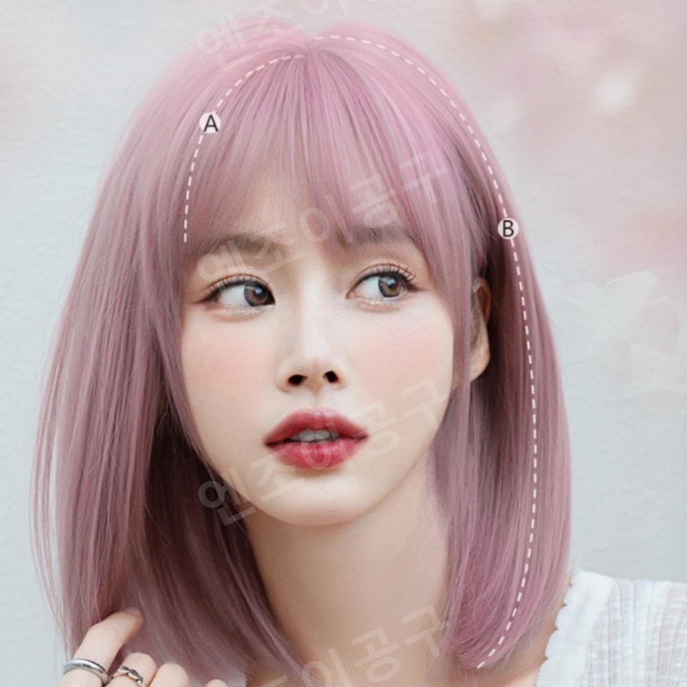 핑크 가발 여성 단발 자연스러운 웨이브 - 메인 이미지