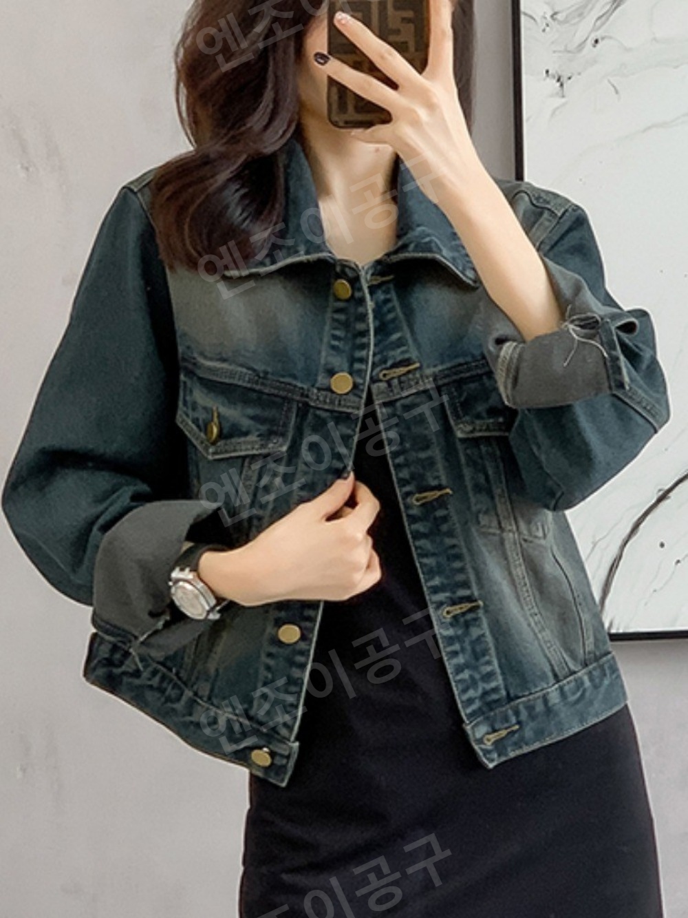 롱 슬리브 빈티지 숏 데님 재킷 여성 블루 패션 상의 - 상세 이미지 3