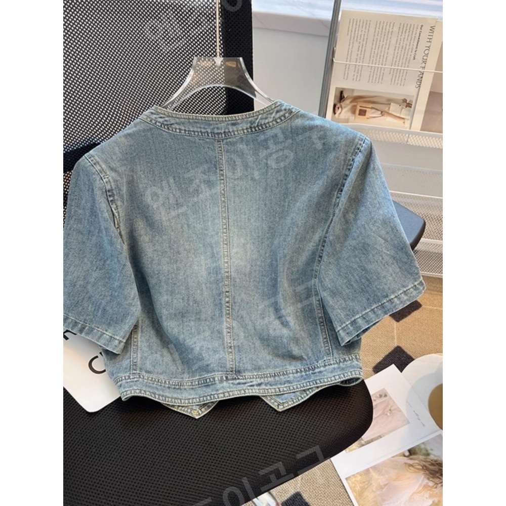 청청셋업 데님 청자켓 오버핏 빈티지 숏 슬리브 데님 재킷 여성 패션 레이어드 상의 - 상세 이미지 4