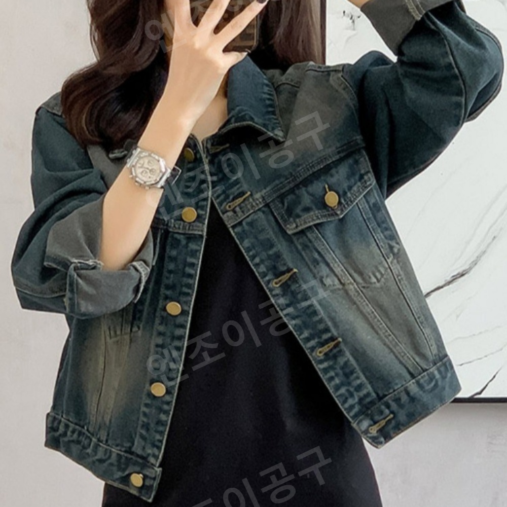 롱 슬리브 빈티지 숏 데님 재킷 여성 블루 패션 상의 - 상품 이미지