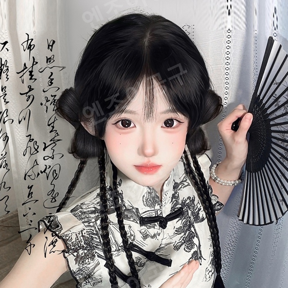 양갈래 헤어피스 가발 여성 리본 피쉬테일 번 헤어 - 메인 이미지