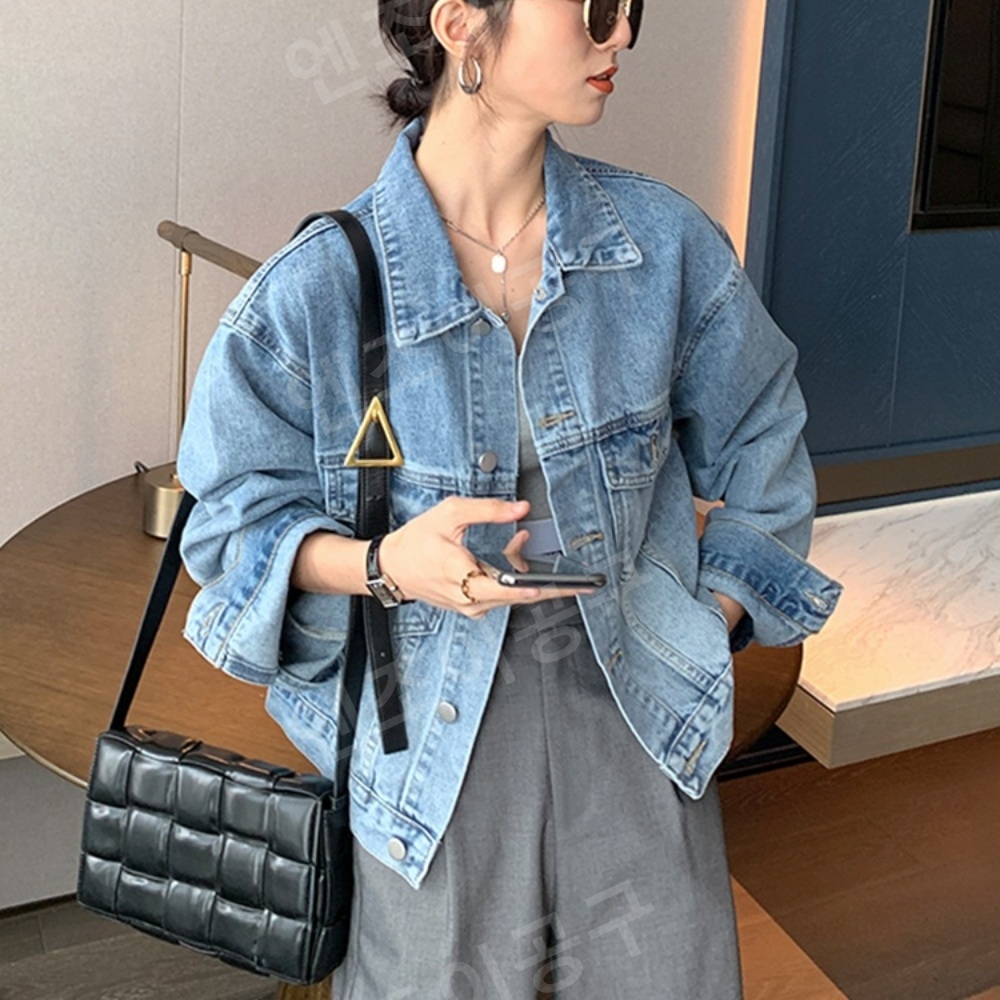 워싱 중청 자켓 데님 재킷 여성 루즈핏 숏 기장 - 상세 이미지 2