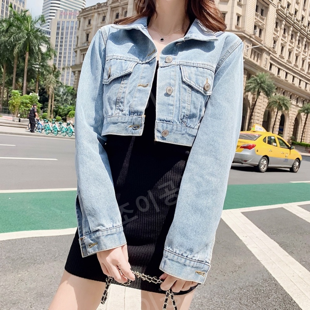 연청 청청코디 숏 데님 재킷 여성 루즈핏 크롭 - 메인 이미지