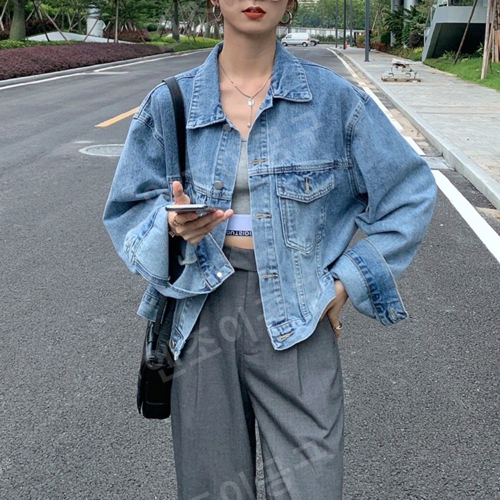 워싱 중청 자켓 데님 재킷 여성 루즈핏 숏 기장 - 메인 이미지