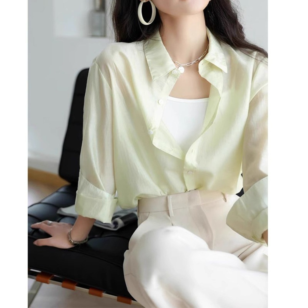 텐셀 쉬폰 블라우스 시스루 오피스룩 루즈핏 하늘색 블루 7컬러 - 상세 이미지 2