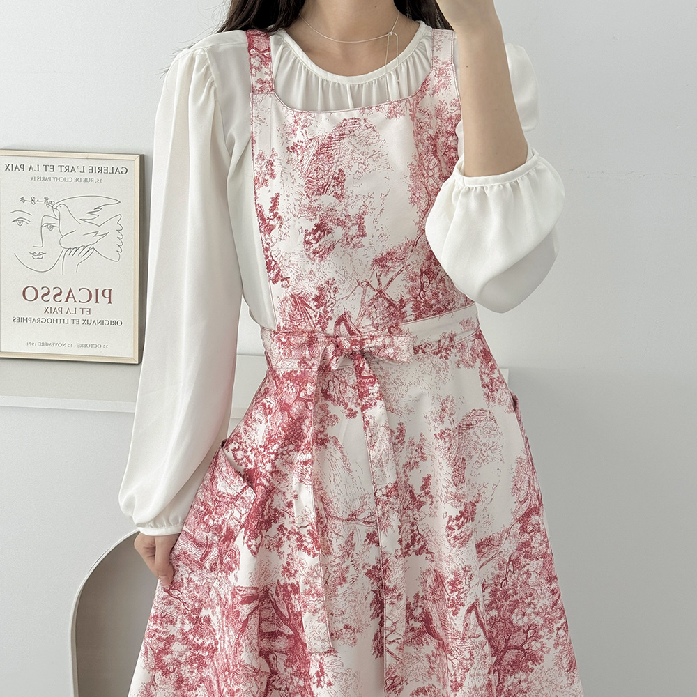 한스데이 뜨왈 방수 앞치마 플레어 원피스 자수 에이프런