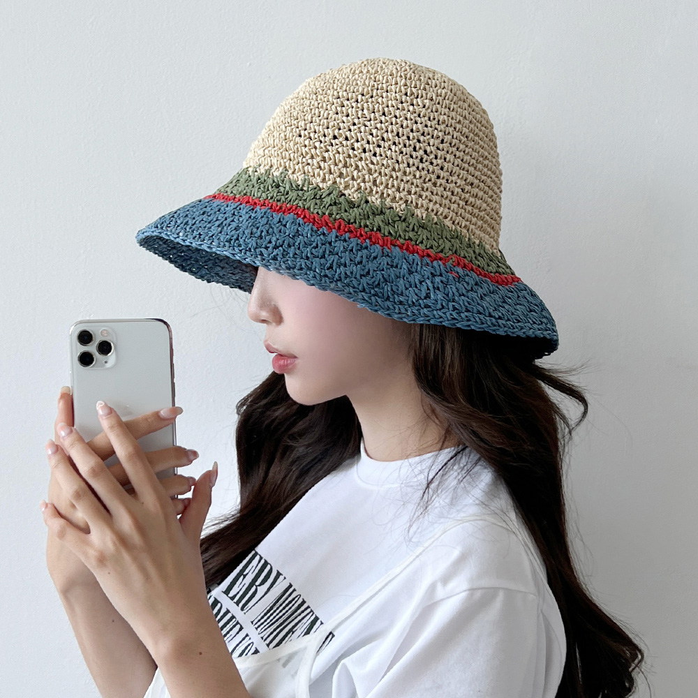 동대문모자 배색 와이드챙 밀짚모자 라피아햇 벙거지 - 상세 이미지 2