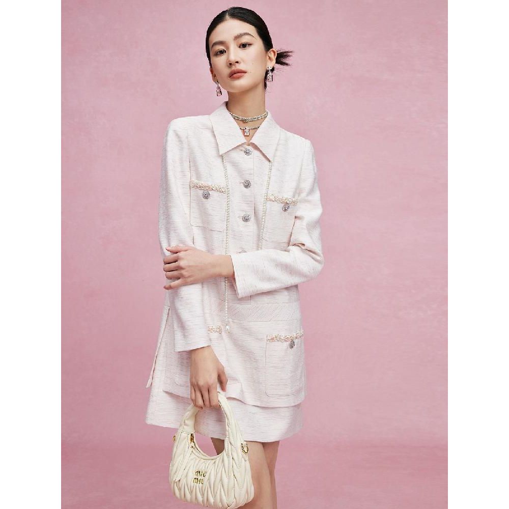 여성 봄 핑크 페이크 투피스 럭셔리 트위드 원피스 하객룩