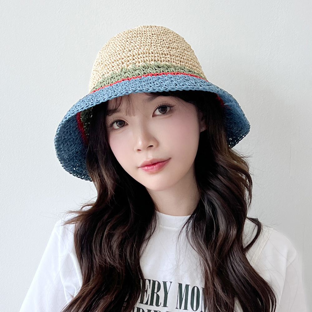 동대문모자 배색 와이드챙 밀짚모자 라피아햇 벙거지 - 상세 이미지 3