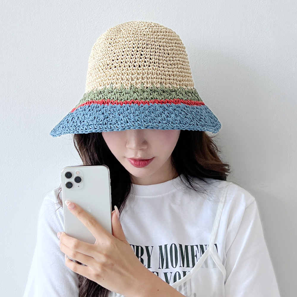 동대문모자 배색 와이드챙 밀짚모자 라피아햇 벙거지 - 상품 이미지