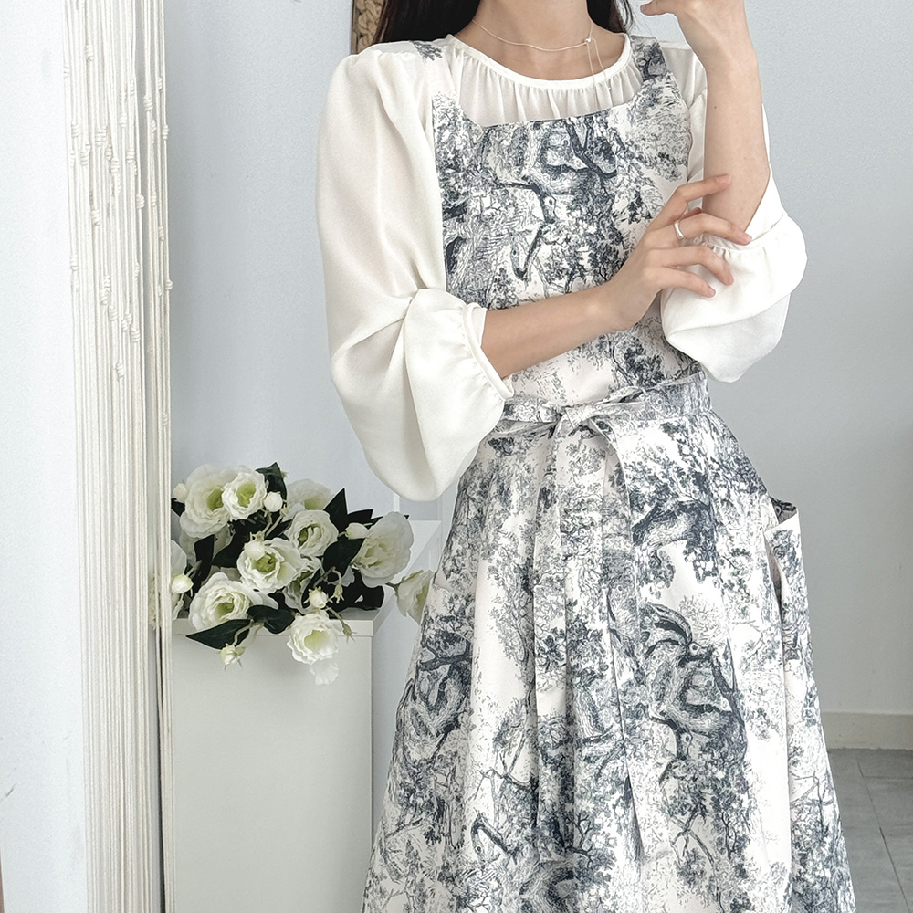 한스데이 뜨왈 방수 앞치마 플레어 원피스 자수 에이프런