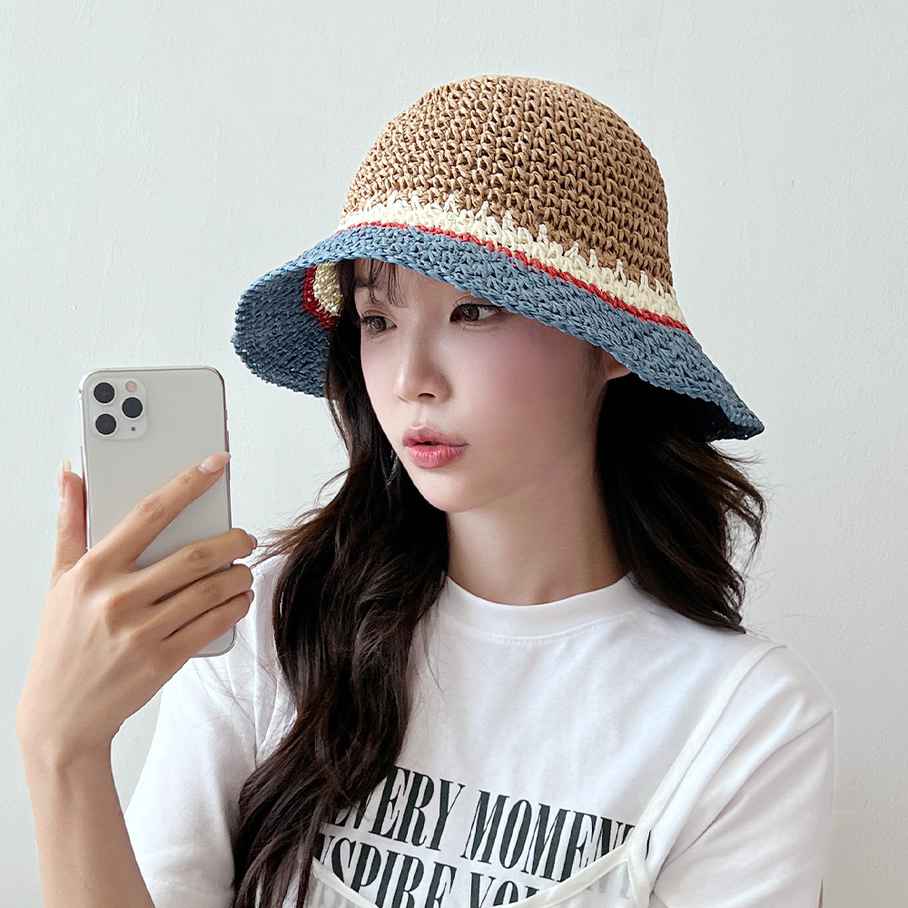 동대문모자 배색 와이드챙 밀짚모자 라피아햇 벙거지 - 상세 이미지 5