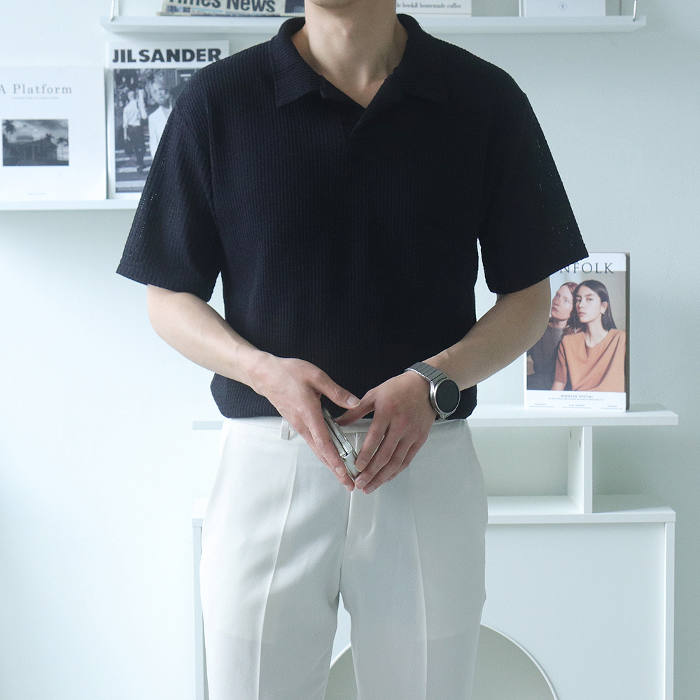 남자 반팔티 오버핏 헨리넥 남성 반팔 카라 티셔츠 - 상세 이미지 2
