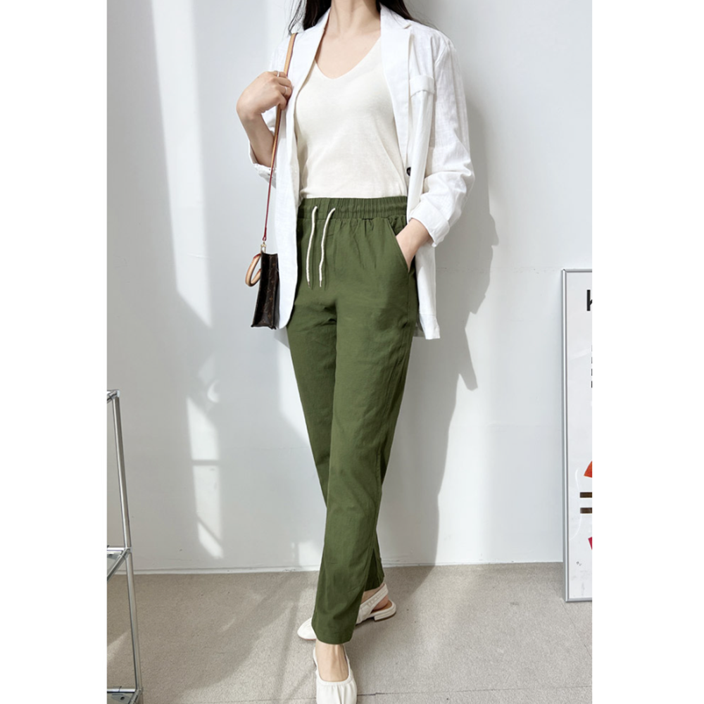 베이지색바지 여름 마 린넨 9부 여성 시원한 긴 밴딩팬츠 - 상세 이미지 5