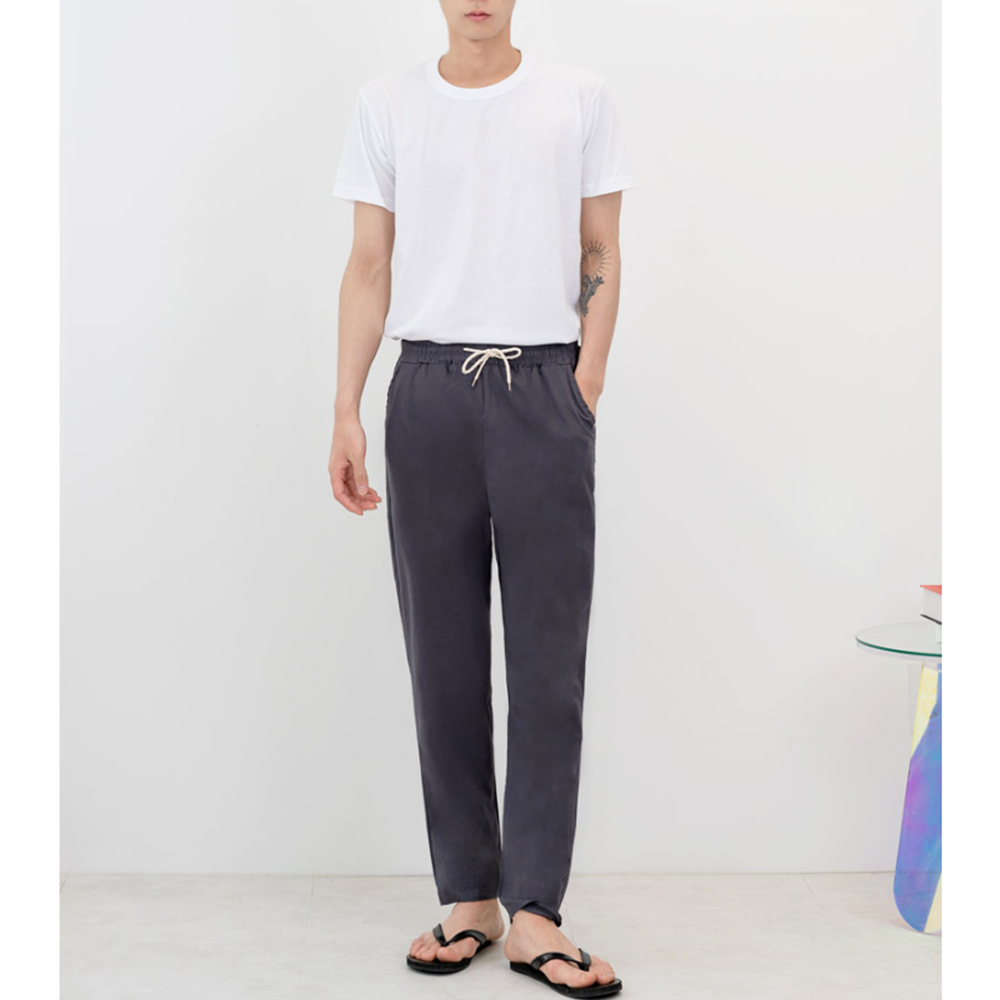 베이지색바지 남자 여름 마 린넨 시원한 긴 9부 밴딩팬츠 - 상세 이미지 2