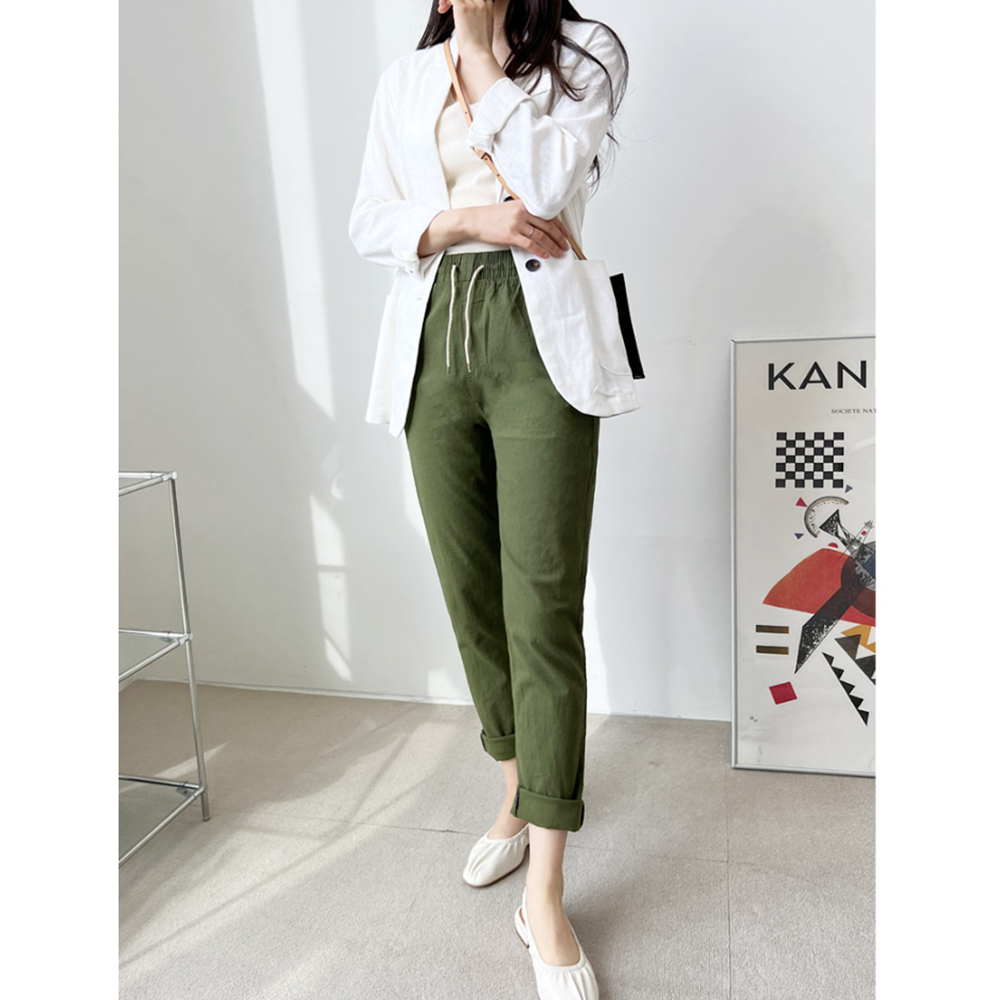 베이지색바지 여름 마 린넨 9부 여성 시원한 긴 밴딩팬츠 - 상세 이미지 2