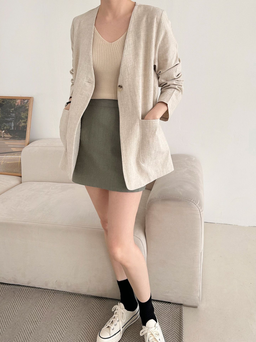 노카라 린넨 싱글 버튼 자켓 여자 여름 캐주얼 정장 블레이져 재킷 모임 하객룩 상세 이미지 13
