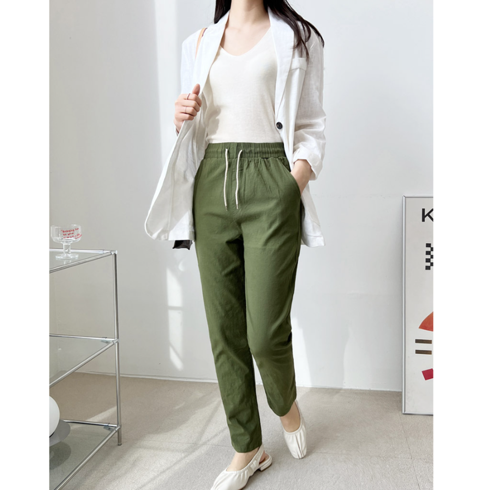 베이지색바지 여름 마 린넨 9부 여성 시원한 긴 밴딩팬츠 - 상세 이미지 3