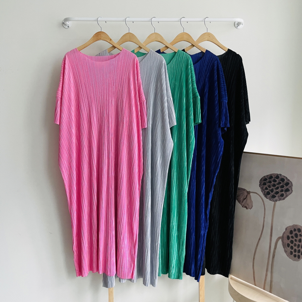 플리츠 빅사이즈 롱원피스 여름 여성 냉장고 시원한 주름 반팔 맥시 원피스
