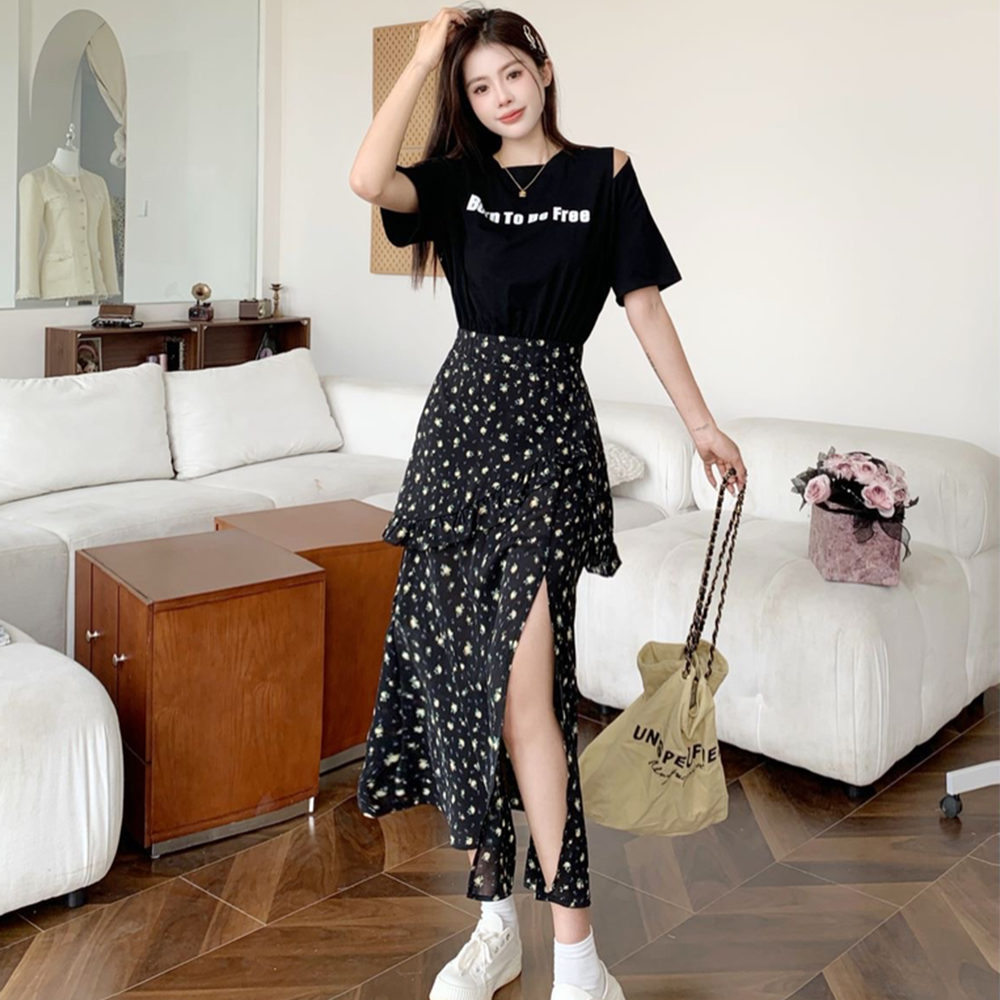 빅사이즈 여성 옆트임 밴딩 플라워 샤 슬림핏 원피스-QY