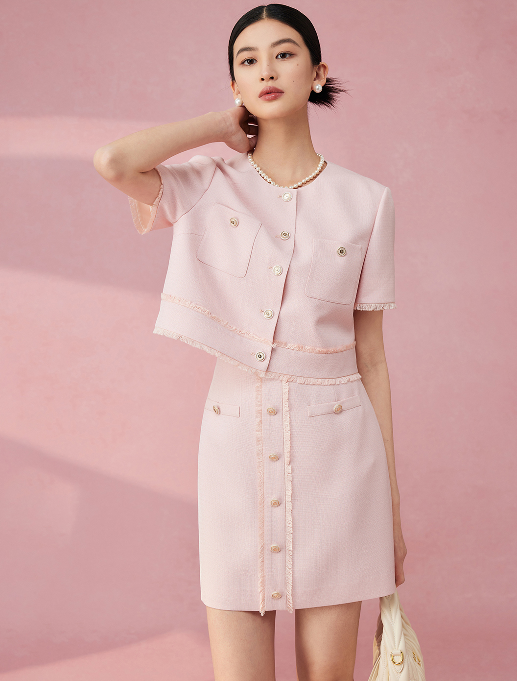 고급 부드러운 핑크 리틀 반팔 스커트 투피스 세트