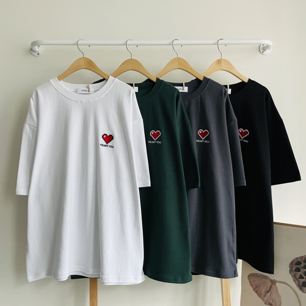 여름 여성 반팔티 하트자수 오버핏 박스 반팔 티셔츠