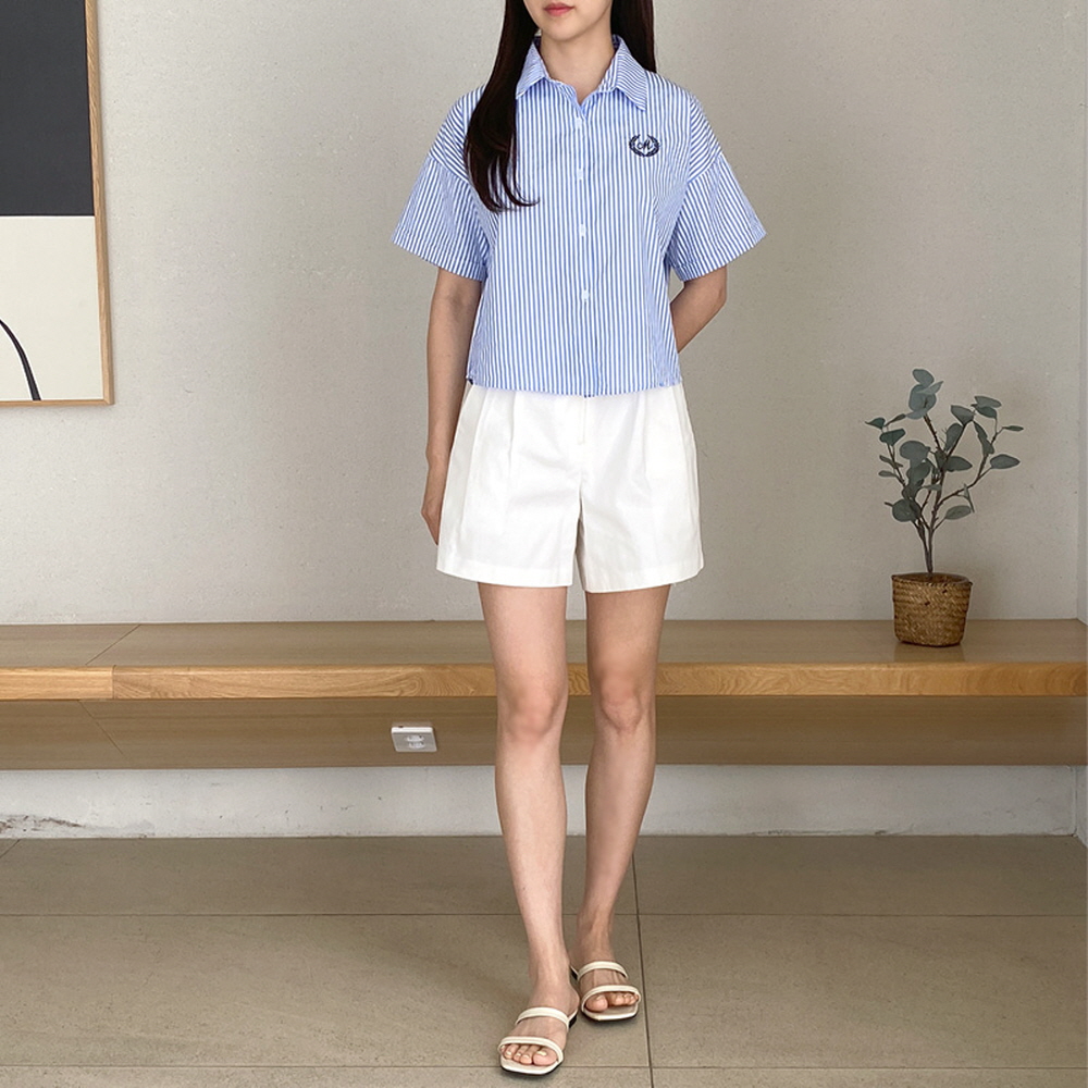 크롭셔츠 스트라이프 여성 자수 카라 긴팔 반팔 남방 셔츠 이미지 3