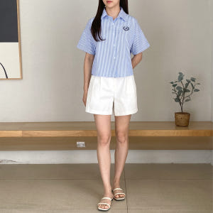 크롭셔츠 스트라이프 여성 자수 카라 긴팔 반팔 남방 셔츠 착용 후기 | 사이즈/핏 총정리 - 상품 이미지 3