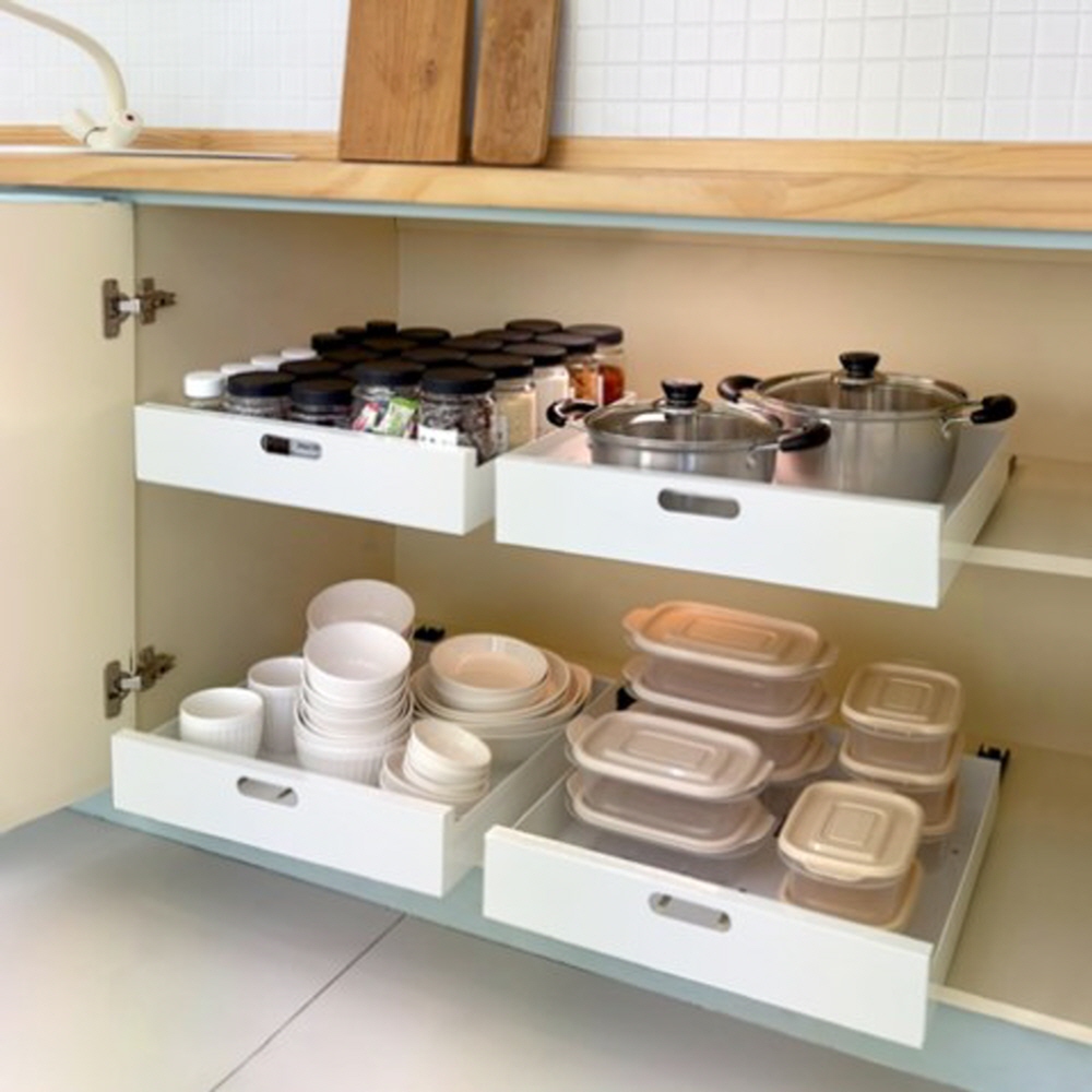 홈글림 슬라이딩 주방 선반 레일 싱크대 하부장 그릇 냄비 정리 수납장