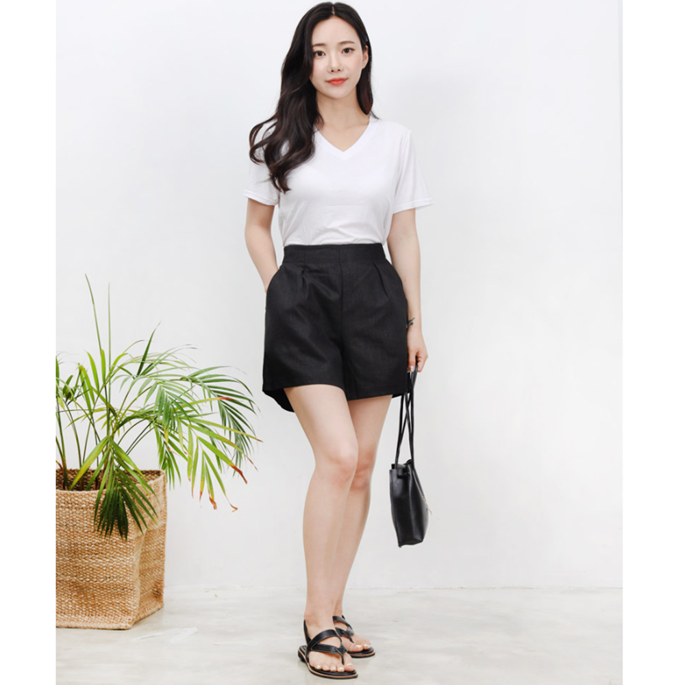 베이지색반바지 여성 여름 마 고무줄 린넨밴딩팬츠 - 상세 이미지 2