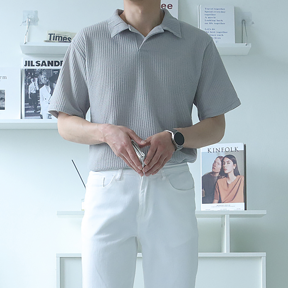 남자 반팔티 오버핏 헨리넥 남성 반팔 카라 티셔츠 - 상세 이미지 5