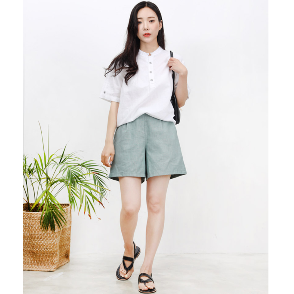 베이지색반바지 여성 여름 마 고무줄 린넨밴딩팬츠 - 상세 이미지 4