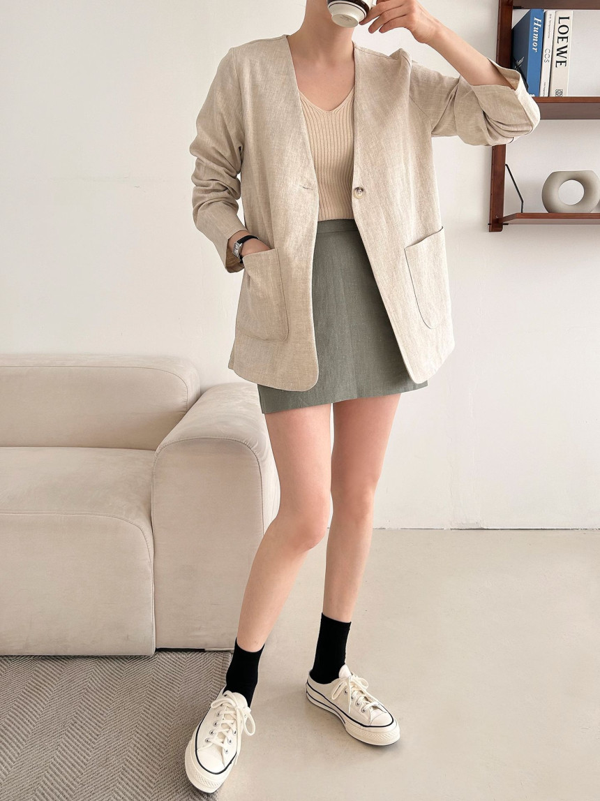 노카라 린넨 싱글 버튼 자켓 여자 여름 캐주얼 정장 블레이져 재킷 모임 하객룩 상세 이미지 20