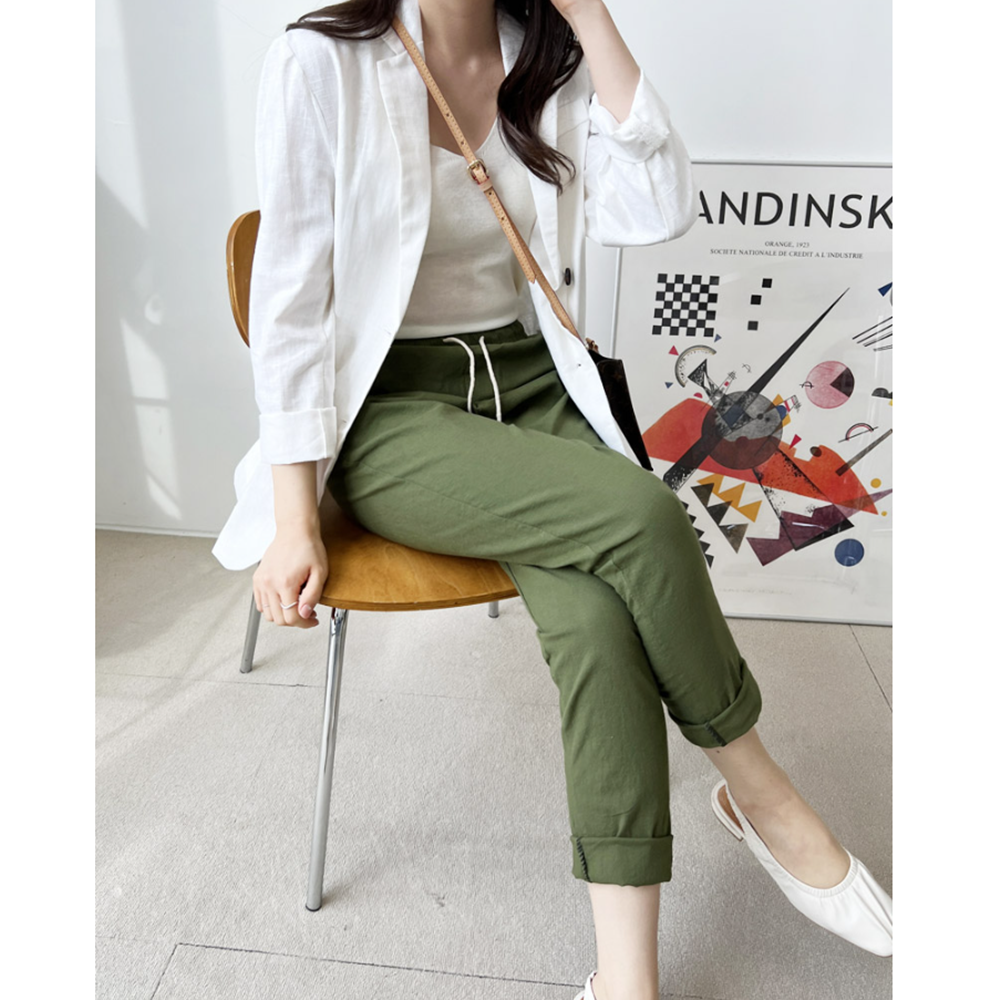 베이지색바지 여름 마 린넨 9부 여성 시원한 긴 밴딩팬츠 - 상세 이미지 4