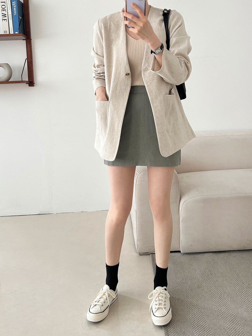 노카라 린넨 싱글 버튼 자켓 여자 여름 캐주얼 정장 블레이져 재킷 모임 하객룩 상세 이미지 19