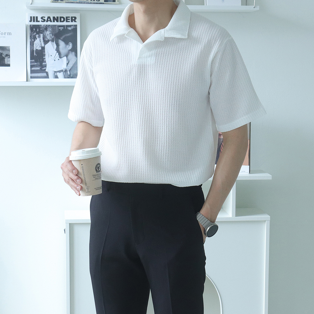 남자 반팔티 오버핏 헨리넥 남성 반팔 카라 티셔츠 - 상세 이미지 4