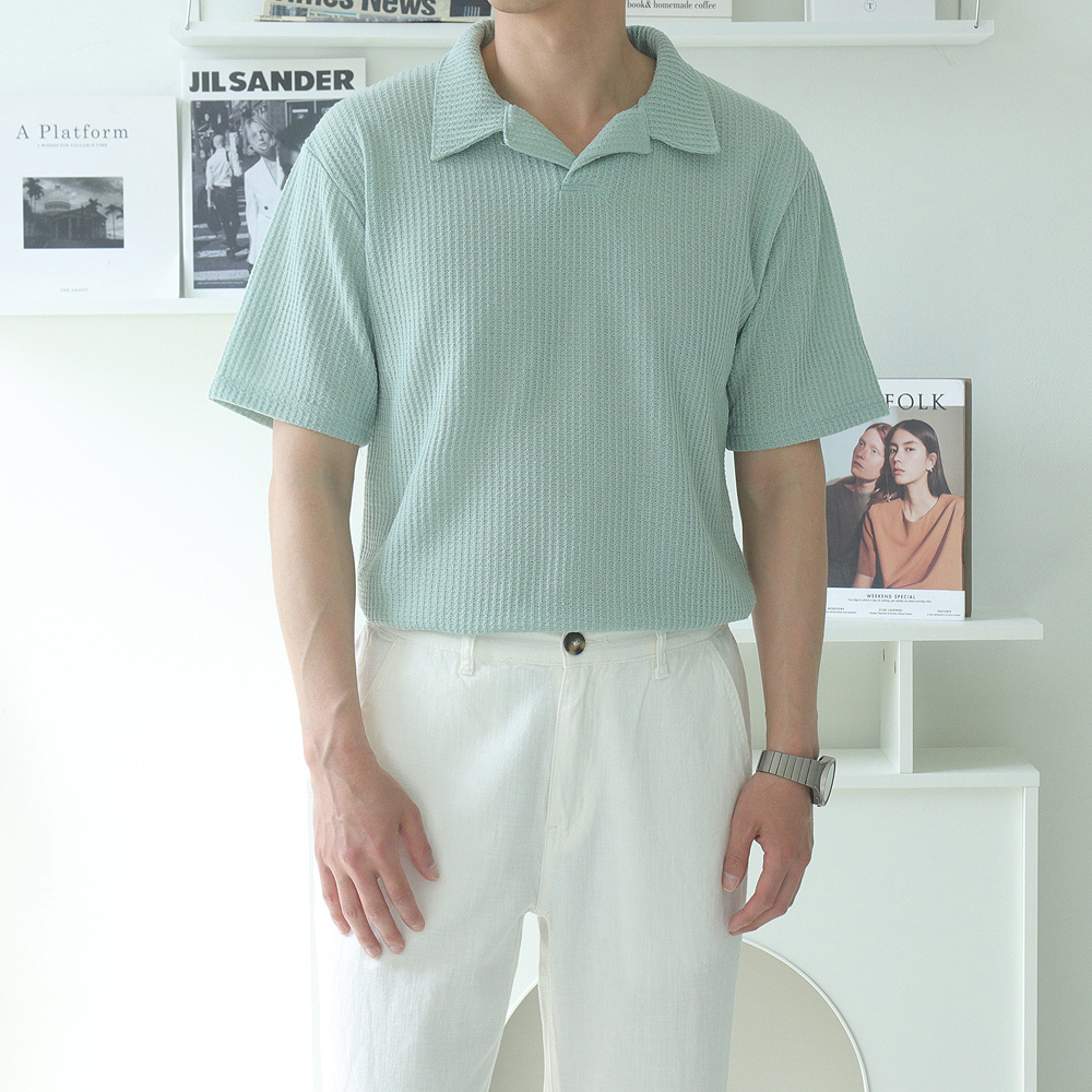 남자 반팔티 오버핏 헨리넥 남성 반팔 카라 티셔츠 - 상세 이미지 3