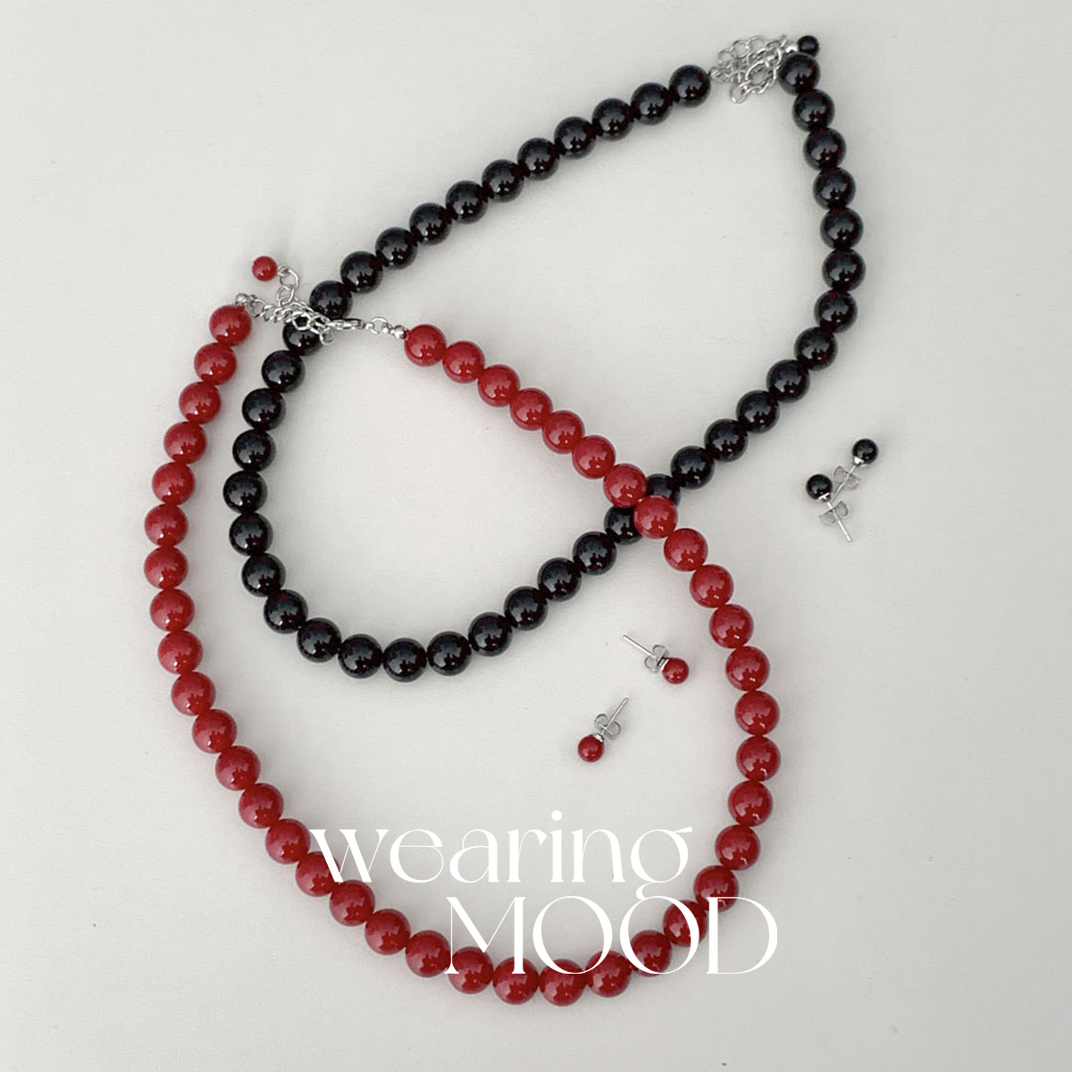 [일부당일] 볼드 목걸이 블랙 레드 진주 레이어드 네크리스 (10mm) - 상품 이미지